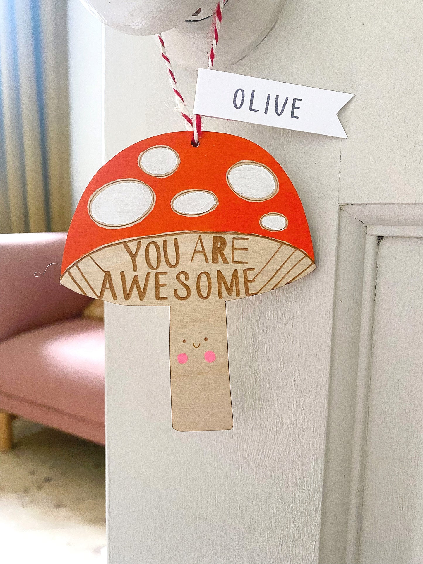 Toadstool hand-painted wooden decoration