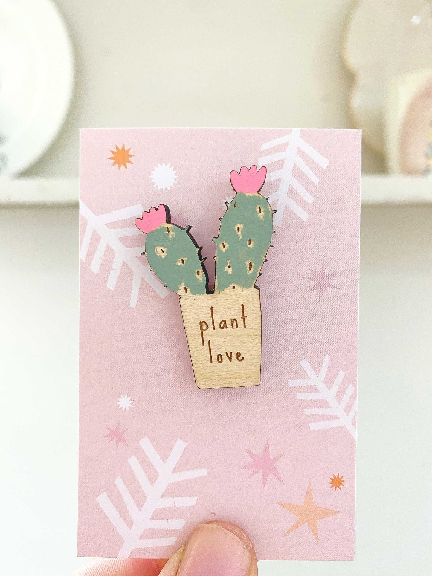 Hand-painted plant love cactus wooden pin badge