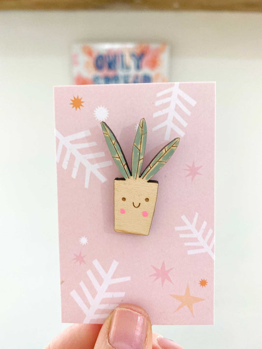 Smiley succulent wooden pin badge