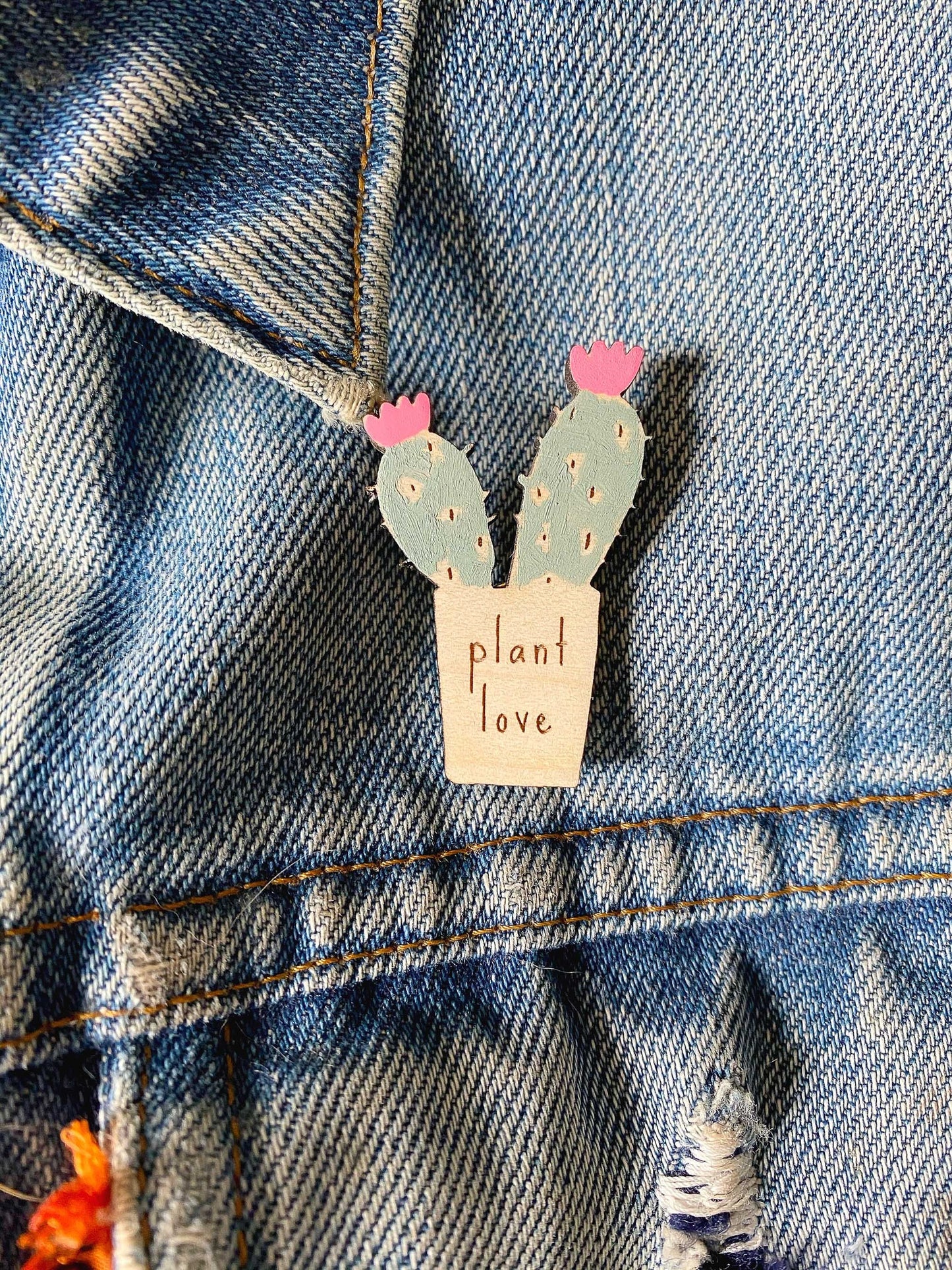 Hand-painted plant love cactus wooden pin badge