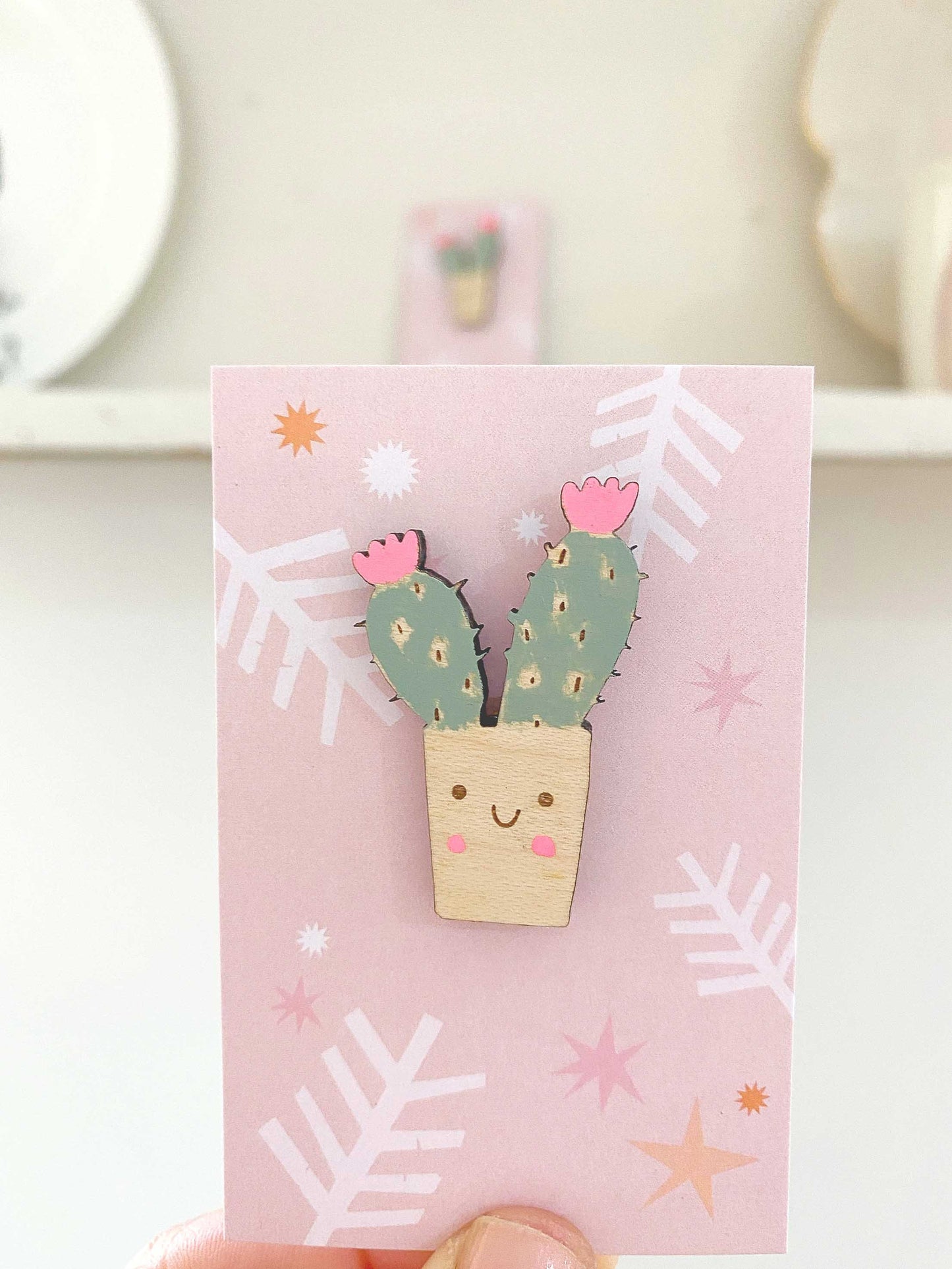Smiley cactus wooden pin badge