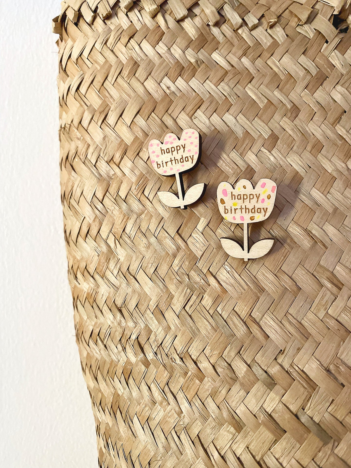 Happy Birthday flower wooden pin badge