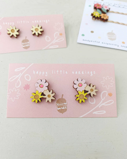 Hand-painted floral wooden earrings