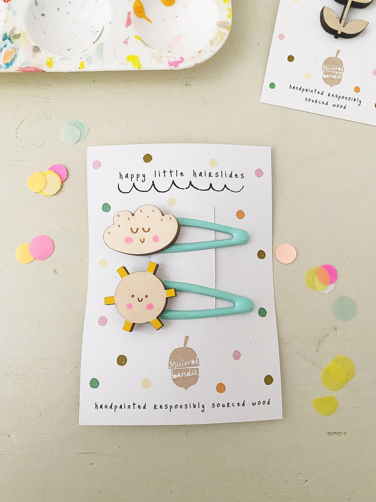 Smiley sunshine and cloud handpainted wooden hairclips