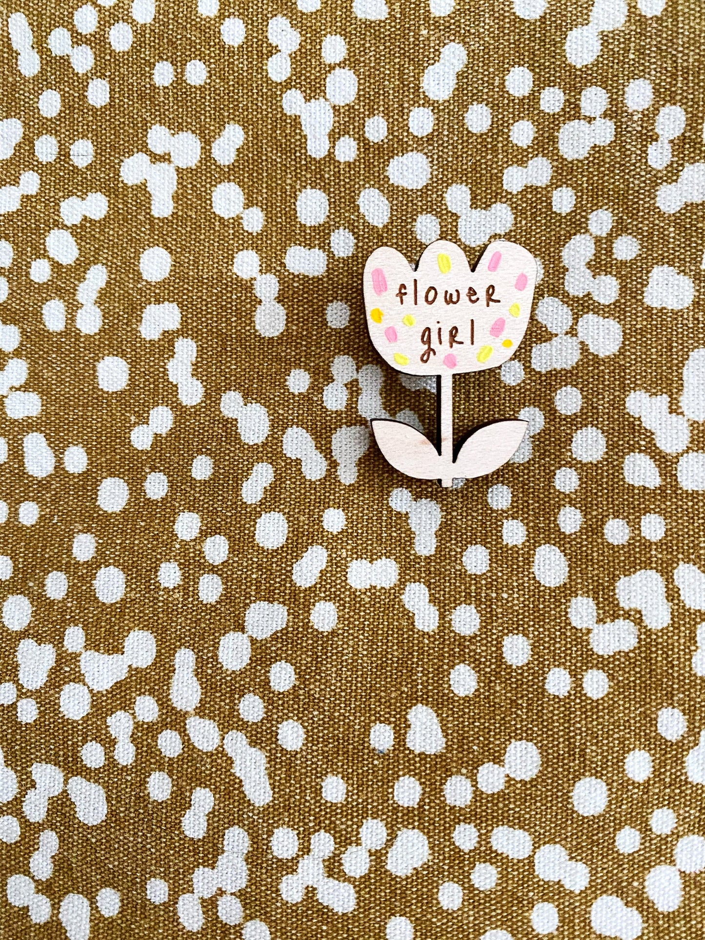 Flower girl wooden floral keepsake pin badge